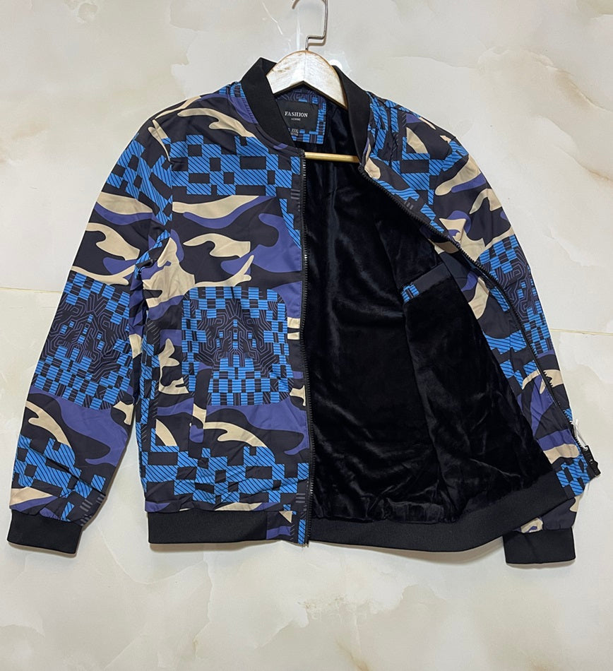 Men Blue Camo Fur-Lined Jacket