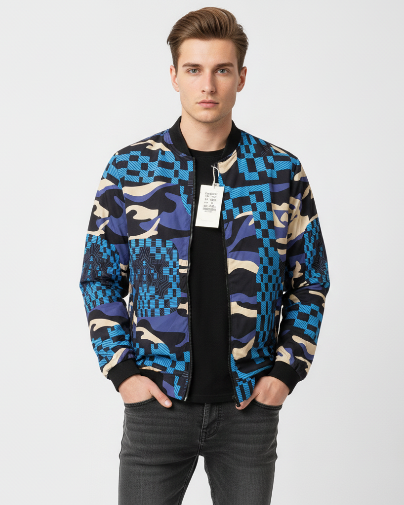 Men Blue Camo Fur-Lined Jacket
